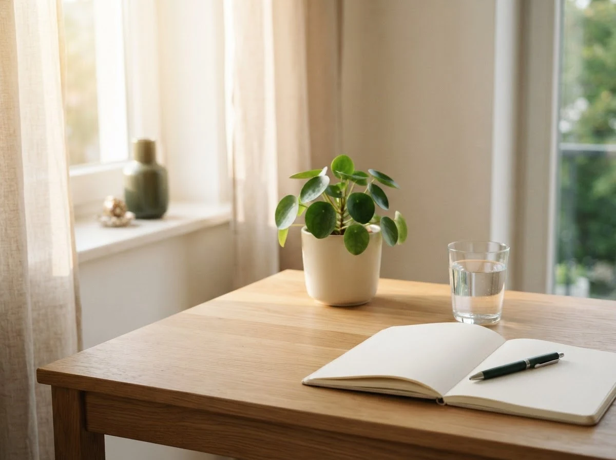 Clean minimalist workspace with wellness routine setup