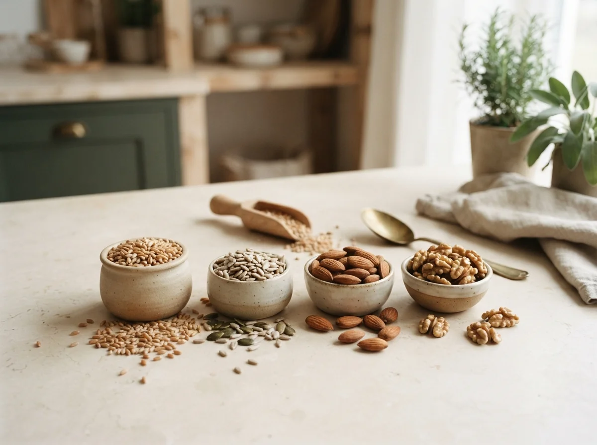 Whole grains, nuts, and seeds rich in B-vitamins