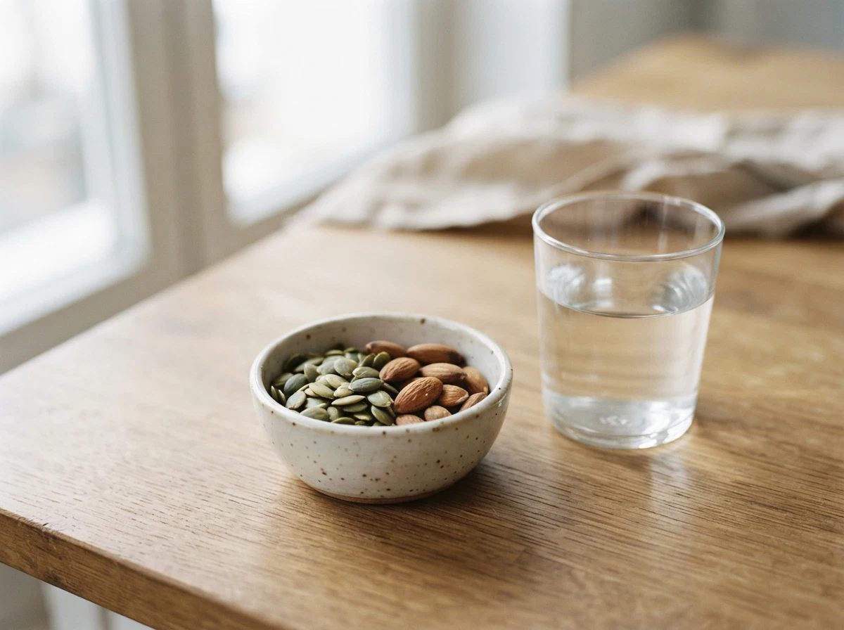 Pumpkin seeds, almonds, and leafy greens containing magnesium and zinc